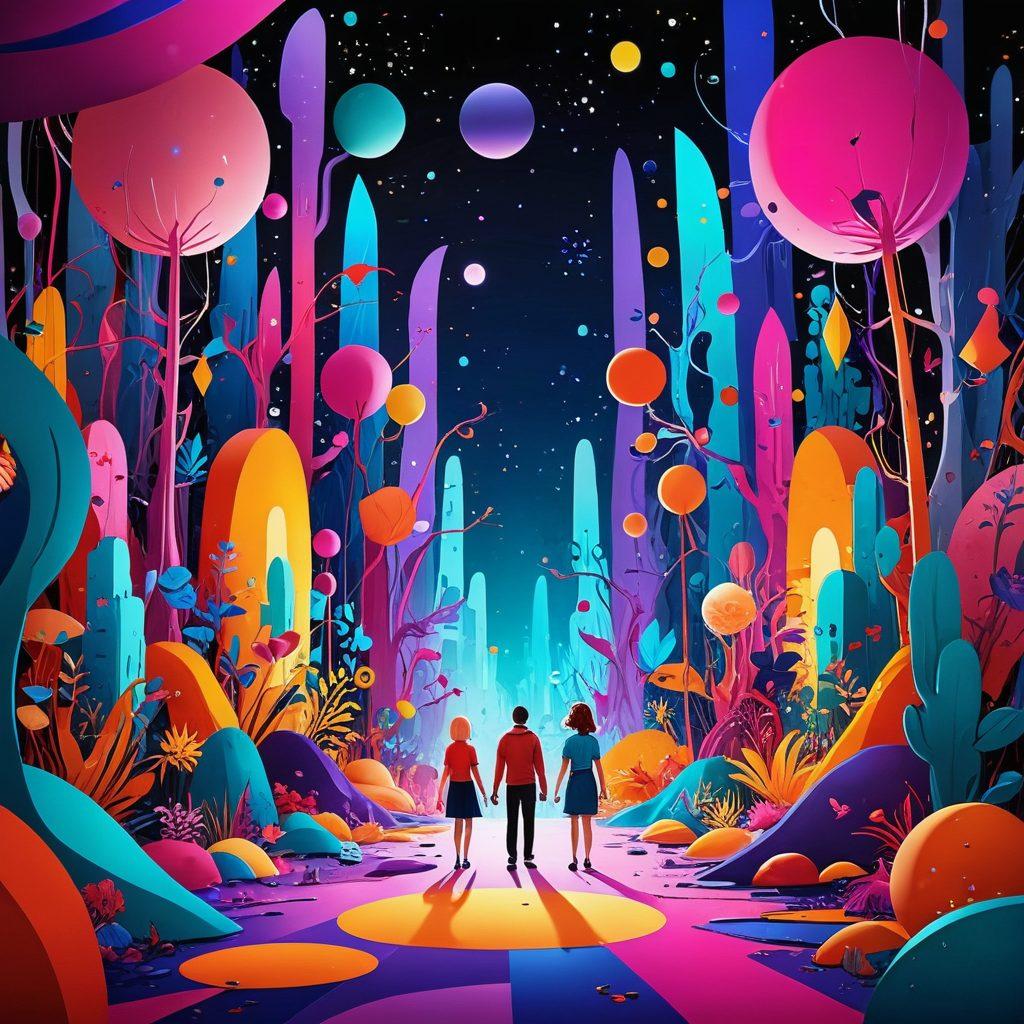 A vibrant and surreal scene depicting a colorful animated world where various anthropomorphic characters engage in playful yet suggestive conversations. The backdrop features abstract shapes and provocative symbols to illustrate taboo themes in a light-hearted manner. Add elements of fantasy like sparkle effects and unexpected surprises to enhance the whimsical atmosphere. The characters should reflect diversity and be expressive, encouraging discussion and exploration. super-realistic. vibrant colors. 3D.