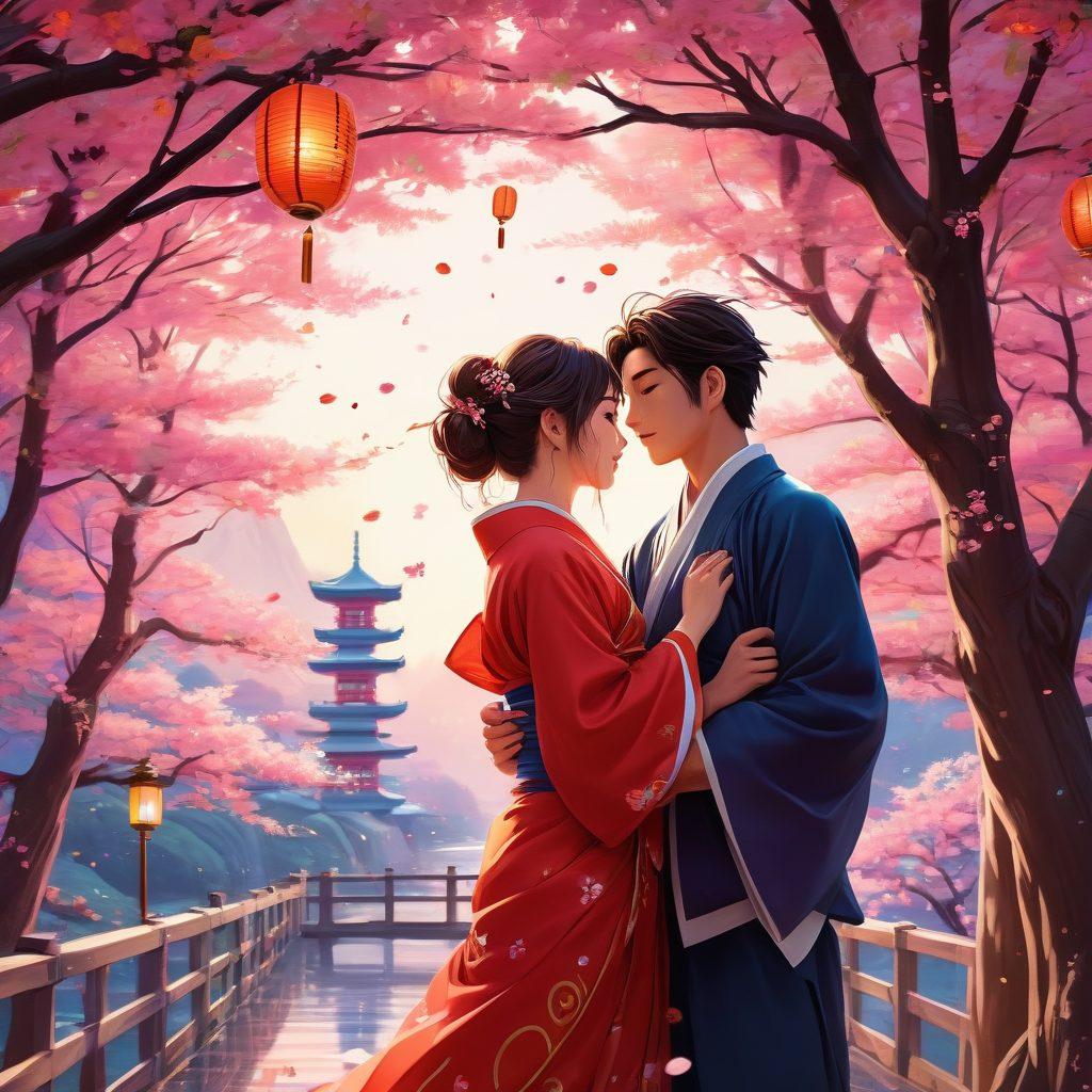A vibrant scene showcasing a passionate embrace between two anime-inspired characters in a stylized Japanese setting. Incorporate traditional elements like cherry blossoms and lanterns, blending them with modern animated aesthetics. The characters' expressions should reflect a mix of romance and playful energy, capturing the essence of animated erotica. Use vivid colors, dynamic poses, and a sense of motion to illustrate the fusion of cultures. digital art. vibrant colors. fantasy style.