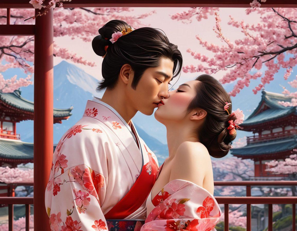 A dynamic collage showcasing various styles of adult animation, featuring intricate erotic art inspired by Japanese culture. Include iconic elements like cherry blossoms, traditional Japanese architecture, and sensual characters interwoven with vivid colors. The background should blend traditional and modern aesthetics, symbolizing the journey through this unique art form. detailed illustrations. vibrant colors. super-realistic.